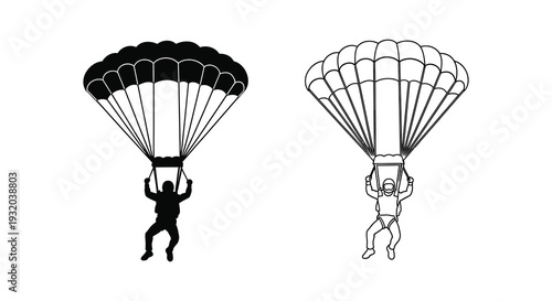Two depictions of a skydiver descending with an open parachute