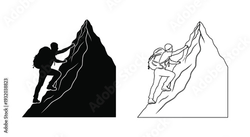 A climber ascending a mountain shown in both solid and outline styles