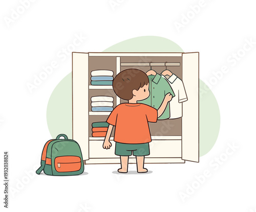Quiet child stands before an open wardrobe choosing clothes for school, folded shirts visible, backpack on floor, morning light