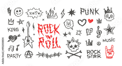Rock'n'Roll music and Punk doodle signs, Hand dawn pattern elements in scribble grunge style -  editable vector ( part 2 )