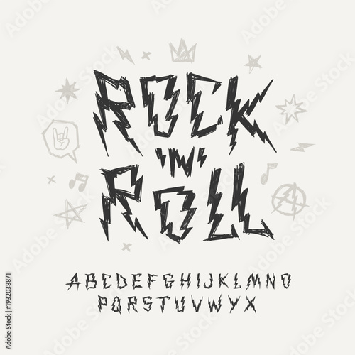 Rock'n'Roll music hand dawn letterning print design in  grunge style with font type, Punk doodle elements -  editable vector set