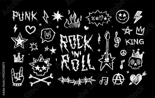Rock'n'Roll music and Punk doodle signs, Hand dawn pattern elements in grunge style -  editable vector set ( part 1 )