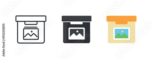 Clean archive outcome represented by a tidy stack box with a small picture symbol on its front face, described plainly as a