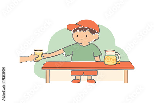 Cute cartoon child selling lemonade from a stand, serving a customer a refreshing drink