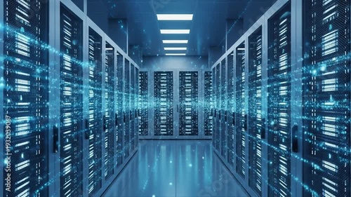 Modern Server Room with Blue Lights and Data Flow.