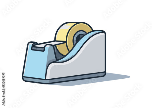 Simple cartoon illustration of a tape dispenser with yellow tape on a light gray background
