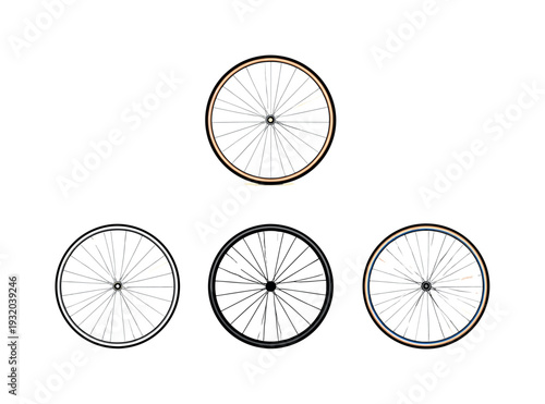 Collection of bicycle wheels with different rim colors and tire styles on a white background