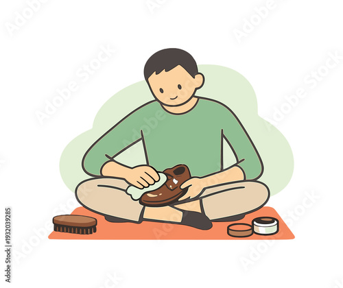 Man sitting cross-legged, meticulously polishing a brown leather shoe with a white cloth