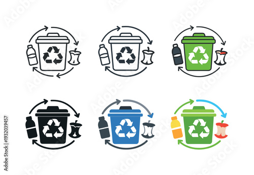 Recycling bin icons showing different types of waste and recycling symbols