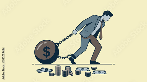 Businessman in a suit chained to a massive iron ball with a dollar sign symbol, struggling to pull the heavy weight of financial debt, loan obligations, bankruptcy, and economic crisis concept.