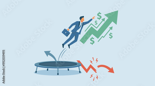 Successful businessman jumping from a trampoline back to the top, representing business challenge, revenue rebound, and recovery from financial crisis with upward green growth arrow and dollar signs.
