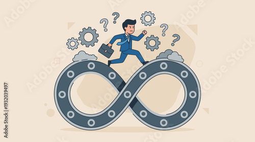 Businessman in suit running on an infinity loop track with gears and question marks, symbolizing business challenges, endless work cycles, routine, stress, and problem solving, flat vector art.