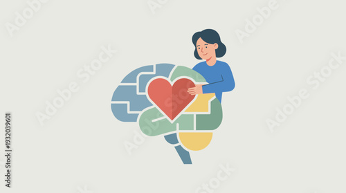 Mental Health Concept Vector Illustration featuring a Woman Placing a Large Red Heart into a Stylized Brain, Representing Emotional Intelligence, Self-Care, Psychology, and World Mental Health Day