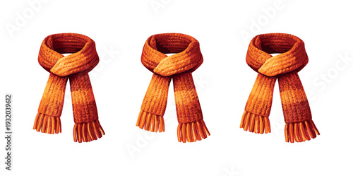 Seasonal warmth concept shown as a knitted scarf with long ends and visible weave texture, identical silhouette repeated