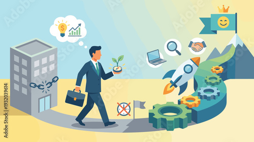 Businessman Resigning from a Corporate Job to Create His Own Career Path and Success, Entrepreneurship Concept with Rocket, Gears, and Growth Symbols, Personal Development Journey to the Peak.
