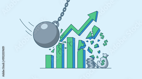 Financial Crisis and Economic Downturn Illustration with a Wrecking Ball Smashing a Growth Bar Chart and Profit Arrow, Representing Market Crash, Bankruptcy, Recession, and Wealth Destruction