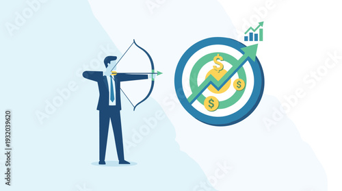 Businessman aiming bow and arrow at a target with dollar signs and upward growth arrow. Concept of financial success, profit achievement, business strategy, investment goals, and market growth.