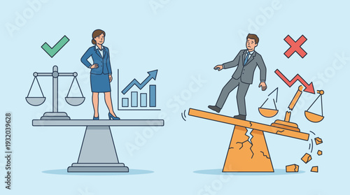 Stability and Risk Concept with Businesswoman on Balanced Platform with Rising Growth Chart and Businessman on Cracked Tilting Stand with Falling Arrow and Broken Scales of Justice Vector
