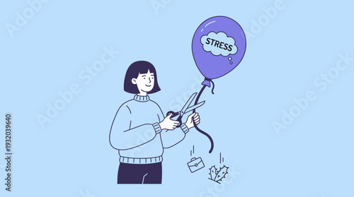 Woman Cutting String to Release Stress Balloon, Metaphor for Mental Health Improvement, Eliminating Toxic Work Environment, Stress Management, Emotional Relief, and Work-Life Balance Illustration