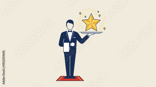 Professional Waiter in Tuxedo Holding a Glowing Golden Star on a Tray, Symbolizing Premium Quality Service, Five-Star Hospitality, Luxury Experience, Excellence, and VIP Customer Satisfaction.