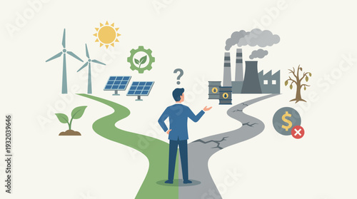Businessman at a crossroads choosing between a green sustainable future with renewable energy solar panels and wind turbines versus a gray industrial path with heavy pollution and factories