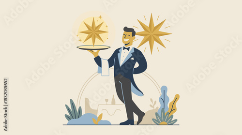 Waiter in a tuxedo carrying a glowing golden star on a silver tray, representing premium service, five-star quality, and luxury hospitality excellence in a professional restaurant setting.