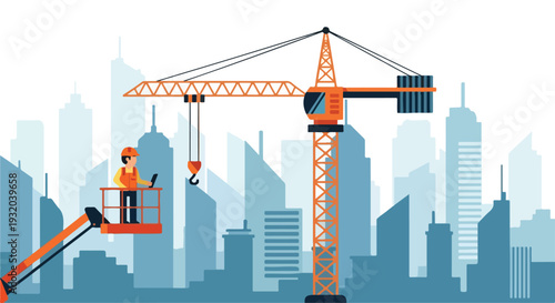 An orange construction crane and a worker on an elevated platform overlook a stylized blue city skyline in a flat vector design.