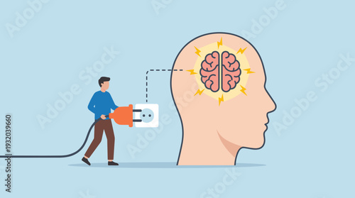 Vector Illustration of a Man Plugging a Power Cord into a Socket to Charge a Human Brain, Symbolizing Productivity Boost, Mental Energy, Cognitive Enhancement, Intelligence, and Creative Ideas.