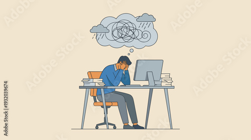Stressed Male Employee Experiencing Burnout and Emotional Overload at Work Desk with Computer, Illustration of Mental Health Issues, Anxiety, and Frustration in a Simple Flat Vector Style