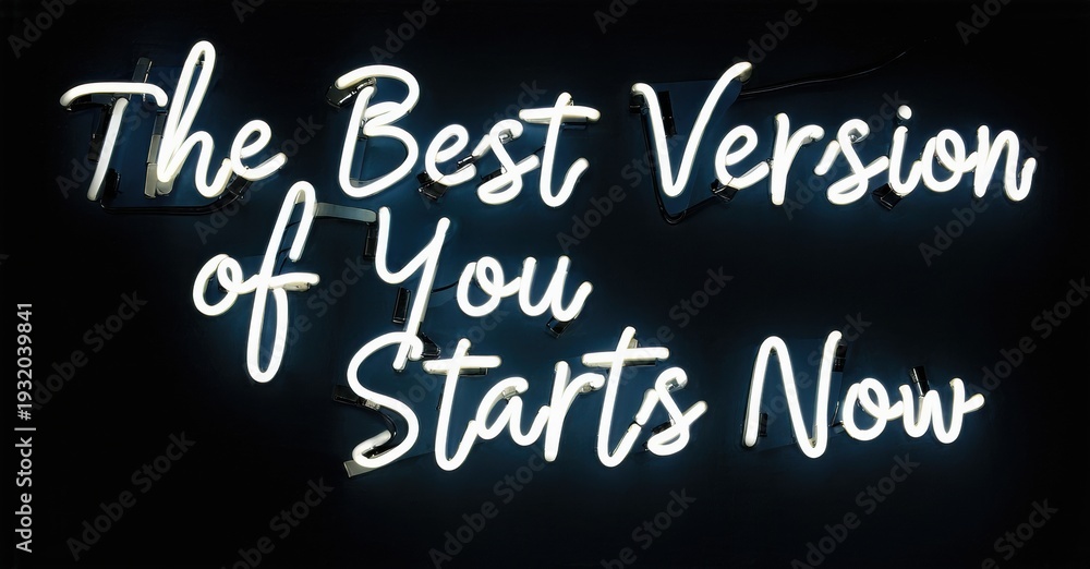 Obraz premium Bright neon sign displays motivational phrase. White cursive lettering contrasts dark background. Positive message, inspiring growth.