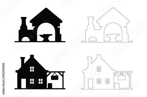 Building Icons: Forge and House - Vintage Vector Graphics