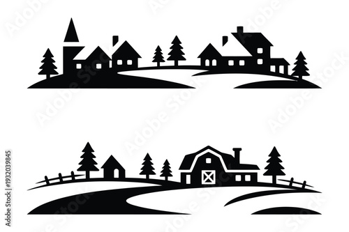 Village and Farm Landscape Silhouettes - Rural Scenery Icons