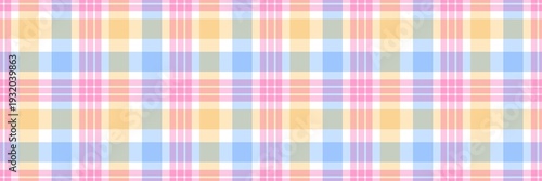 Seamless pastel plaid pattern background. Aesthetic soft checkered tartan texture with pink, blue, and yellow stripes. Colorful geometric fabric design for wallpaper, textile, or wrapping paper.