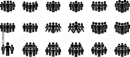 Group dynamics silhouettes vector illustration, diverse people icons in standing walking family arrangements, decorative black and white demographic artwork design