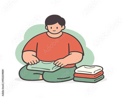 Calm person folds clothes neatly, posture steady as a finished stack is placed aside with care | folding clothes neatly, flat