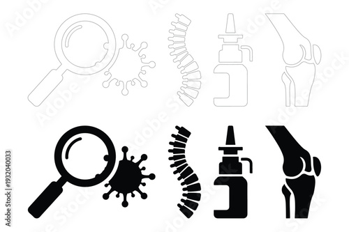 Health Icons: Magnifying Glass, Virus, Spine, Nasal Spray, Knee