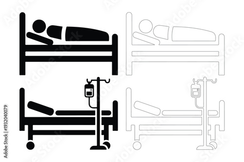 Hospital Bed Icons with Patient and IV Drip