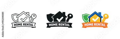 Home rental icon with shield, house, key, and checkmark for real estate services