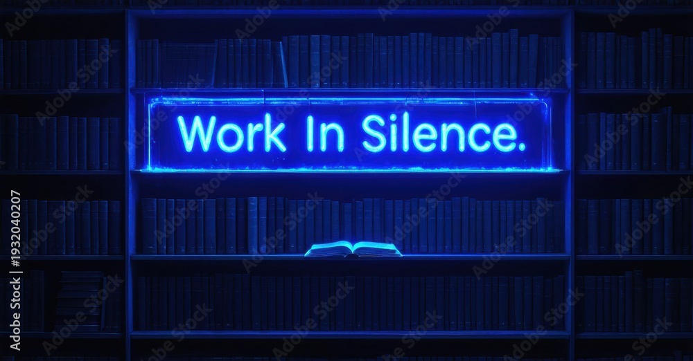 Fototapeta premium Bookshelves glow neon blue. Open book sits amidst volumes. Text reads Work In Silence. Minimalist aesthetic, dark background.