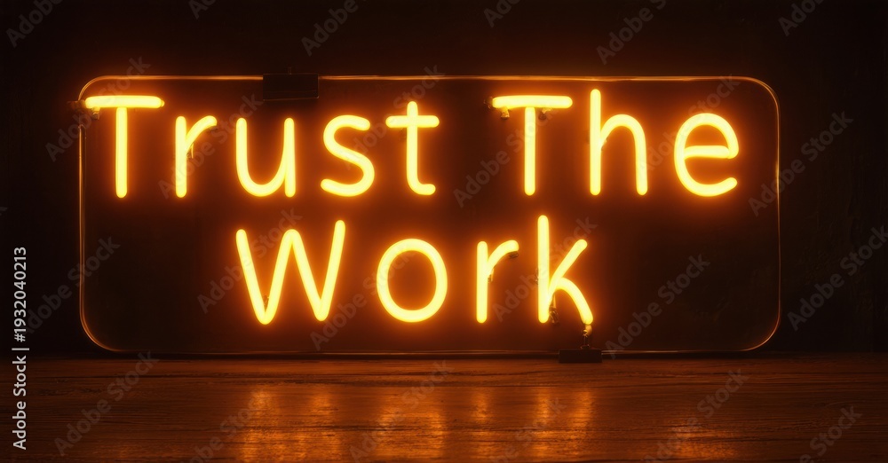 Fototapeta premium Bright neon sign displays text Trust The Work. Dark background, warm glow illuminates wooden surface below. Simple, motivational message.