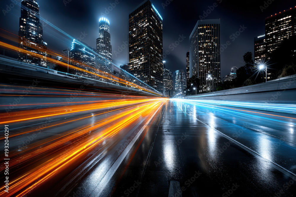 Fototapeta premium Rainy night city street with light trails