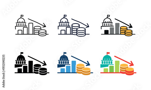 Government spending decline icon with falling coins and bar chart, symbolizing economic recession
