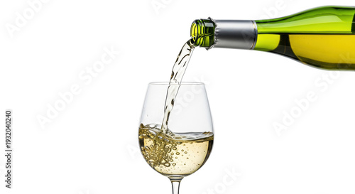 Pouring crisp white wine from a green riesling bottle into a crystal glass with frozen splashes against a white background. Concept of luxury and elegance