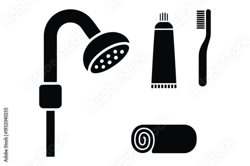 Bathroom Hygiene Icons: Shower Head, Toothpaste, Toothbrush, Towel