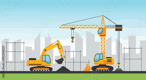 Vector illustration showcasing a construction site with an excavator, tower crane, and structural rebar in front of a city skyline.