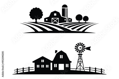 Farm Icons: Barn, Silo, Windmill, House, Fence