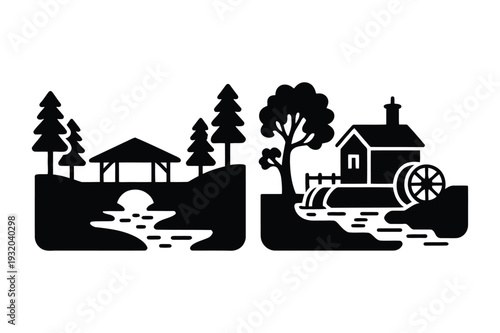 Nature Scene Icons: Bridge, River, Gazebo, Watermill