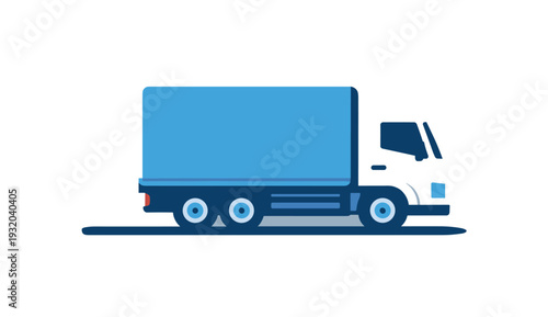 Modern flat design illustration of a white delivery truck with a blue cargo box on a gray background