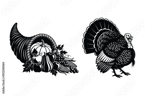 Thanksgiving Cornucopia and Turkey Illustration