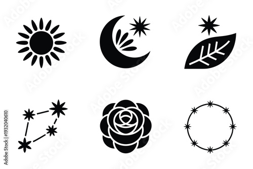 Celestial & Nature Symbols: Sun, Moon, Stars, Rose & Constellation